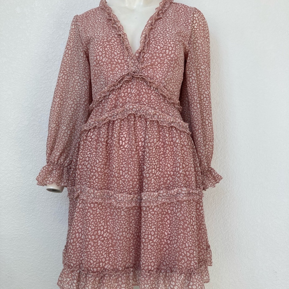 NWOT Dokotoo Boho Ruffle Long Sleeve Deep V Neck Backless Mini Dress Small Pink